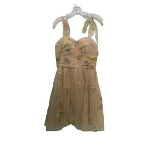 Lavetir Yellow Sleeveless Floral Embroidered Tulle Mini Dress forget me not